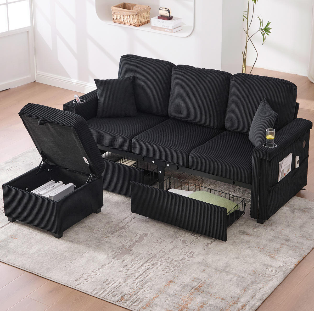 SOFA mit LED und USB/Type-C ca. 194 x 73 x 81 cm Corduroy Schwarz - Schwarz, Kunststoff (194/81/73cm) - Meubliv
