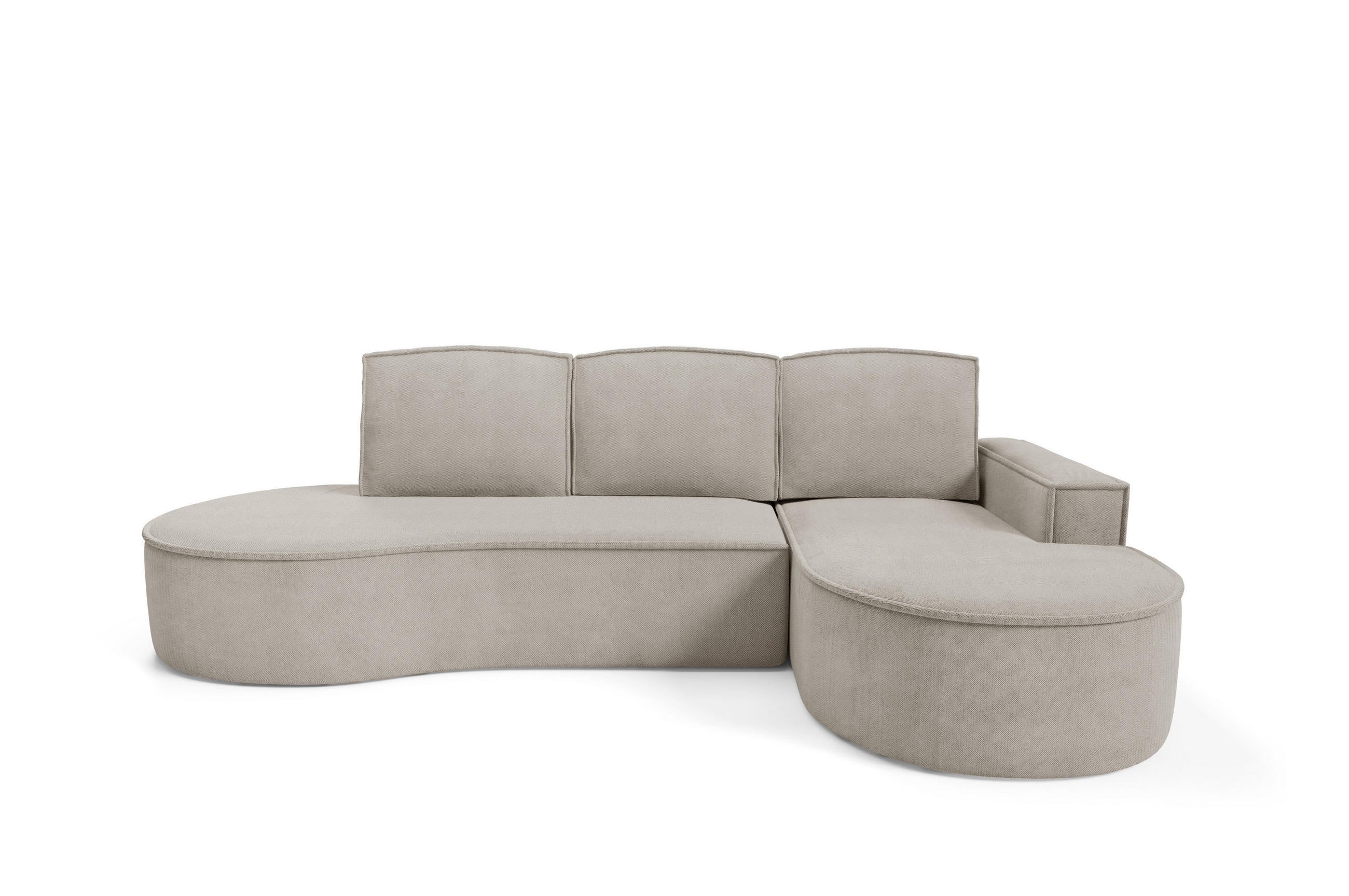 ECKSOFA MOLLY mit Schlaffunktion – Halbrund, freistehend, Liegefläche 140x207 cm, 3 Kissen, Curio-Stoff, 277x157x88 cm, Rechts, Esche - Silberfarben, Holz/Textil (277/157cm) - DomoHome