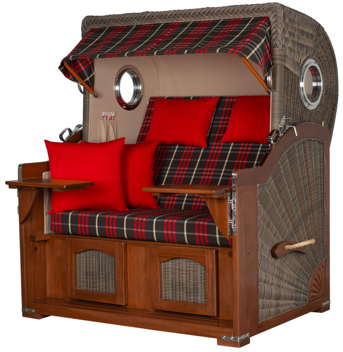 STRANDKORB Komplettset: Ammersee Grande XL Mahagoni Bullauge - PE grau - Modell 529 - Beige/Rot, Holz/Kunststoff (142/165/95cm) - bene living