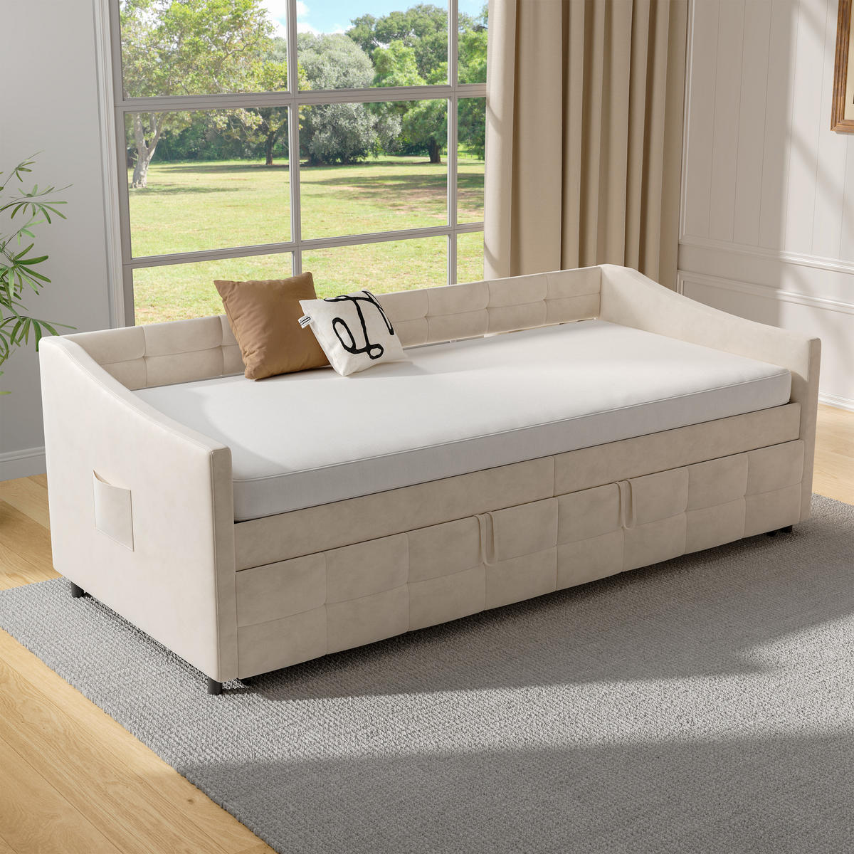 SCHLAFSOFA 90x200cm weiß samt hydraulik seittaschen - Weiß, Holzwerkstoff (90/200cm) - SHOPENTRA