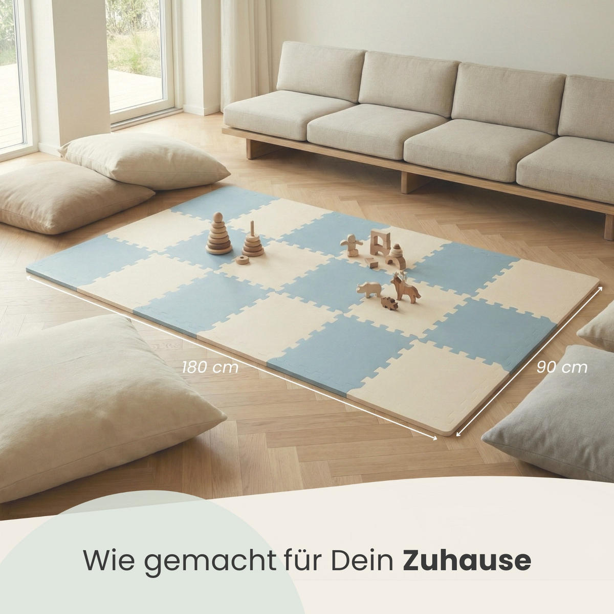 SPIELMATTE ab Null - 180/90/1 cm Puzzlematte mit Rand Graublau Beige - Grau, Kunststoff (30/30cm) - Littletom
