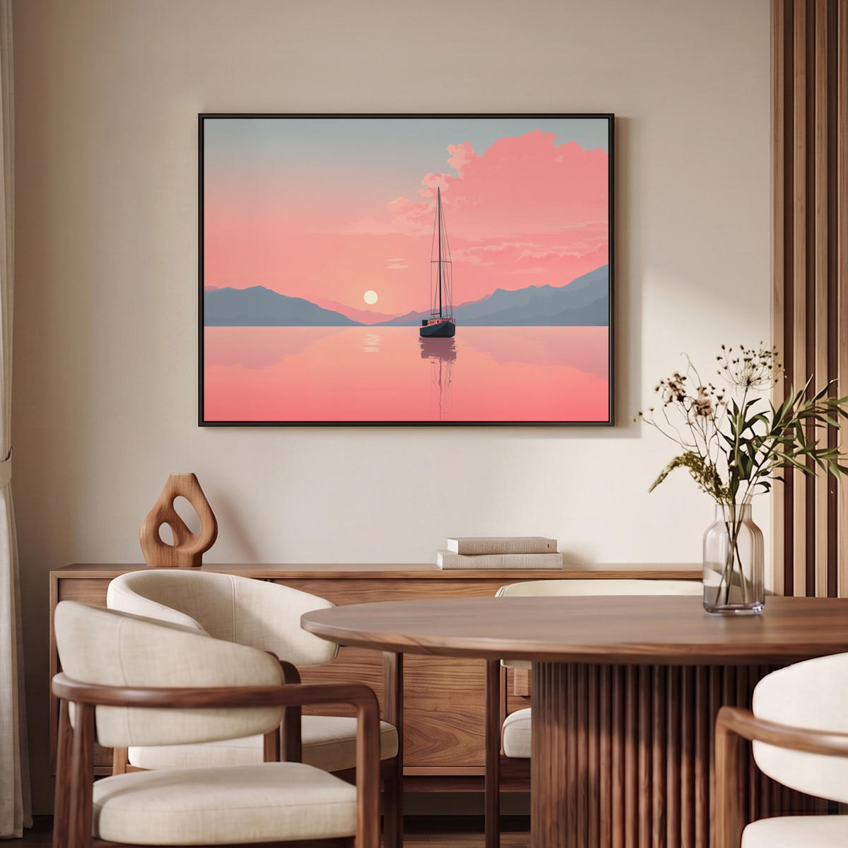 LEINWAND Bilder mit Rahmen - Segelboot - Rosa Meer - Sonnenuntergang - Berge - 100x70 - Rosa, Textil (100/70cm) - OnlyWow