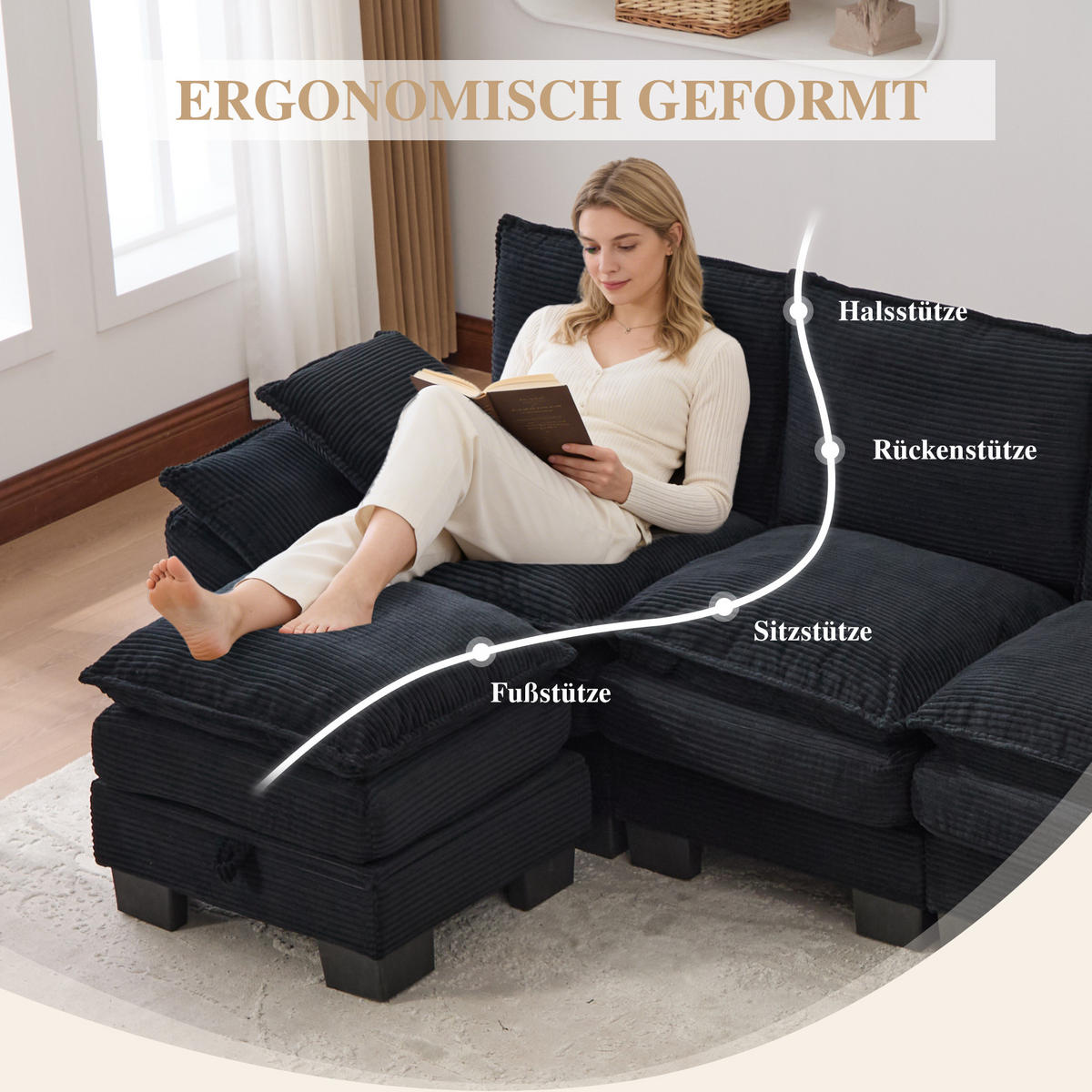 WOHNLANDSCHAFT Cord Schwarz mit USB-C und mit 2 Hocker - Schwarz, Holzwerkstoff/Kunststoff (330/84/132cm) - WISHDOR