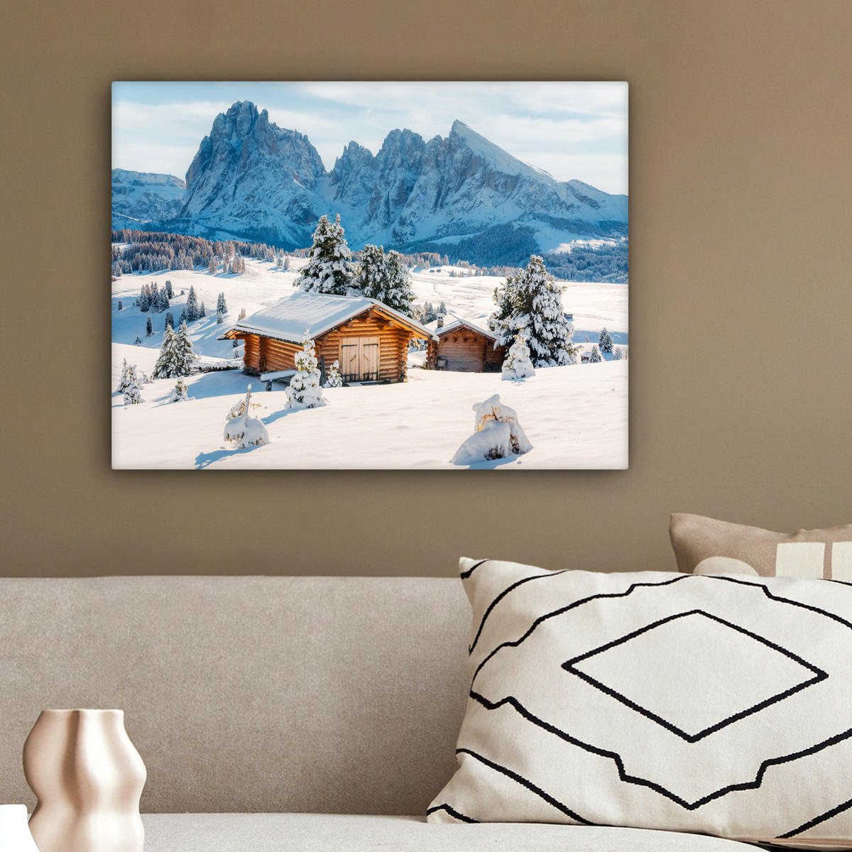 LEINWANDBILD Winter - Hütte - Berge - Aussicht - Schnee 40x30 cm - Eichefarben, Textil (40/30cm) - MuchoWow