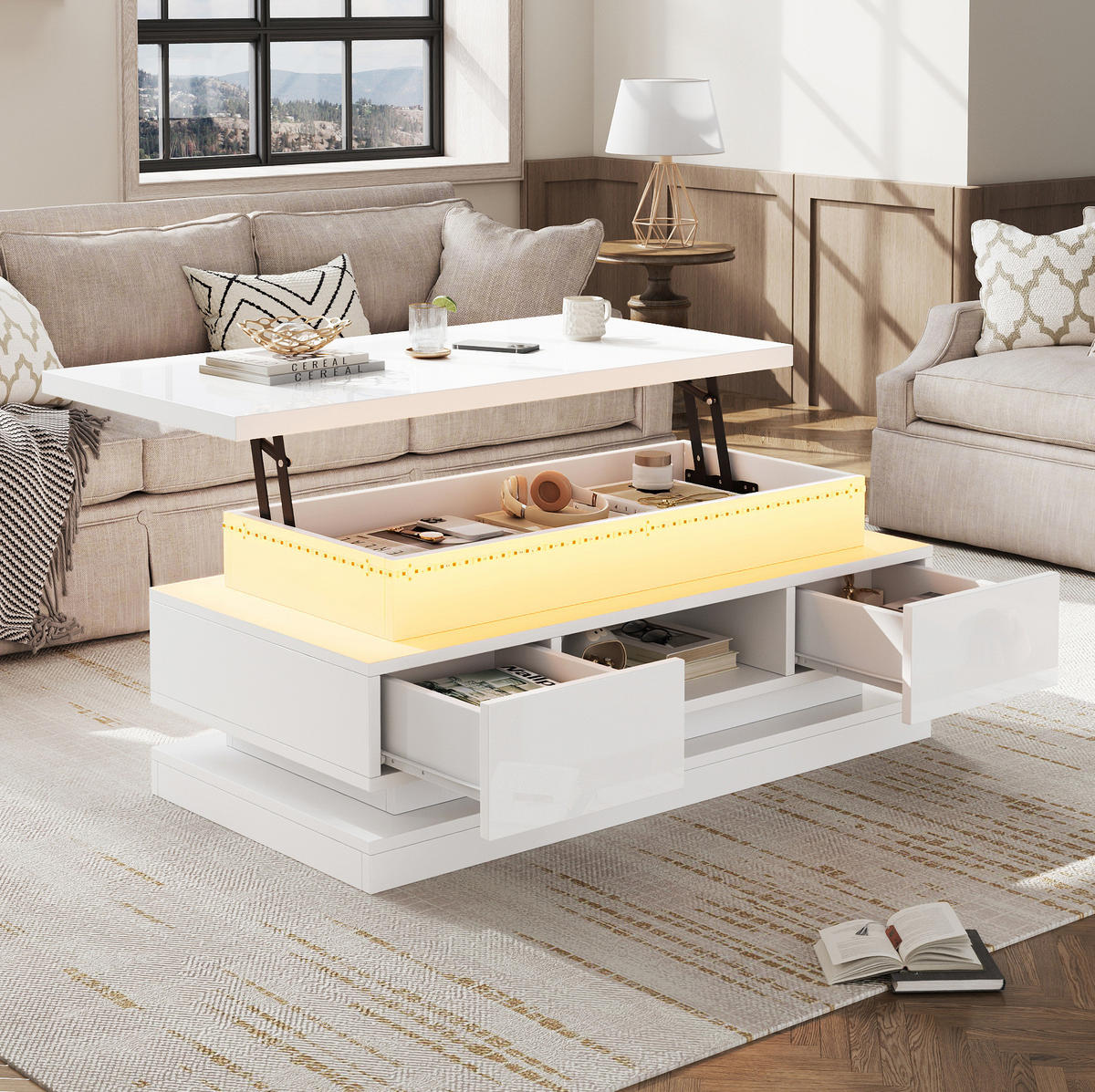 COUCHTISCH 100/50/40 cm höhenverstellbar mit LED-Beleuchtung, USB-Anschluss und Stauraum aus Spanplatte, Weiß - Weiß, Holzwerkstoff (100/50/40cm) - Modfu