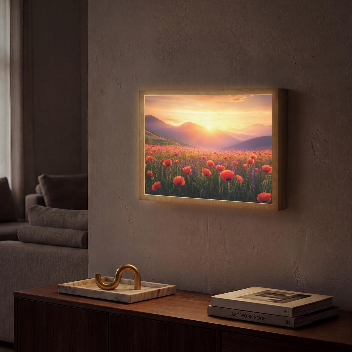 WANDLEUCHTE MIT AKKU Landschaft - Sonnenuntergang - Blumenfeld 40x30 cm - Rot, Holzwerkstoff (40/30/8cm) - OnlyWow