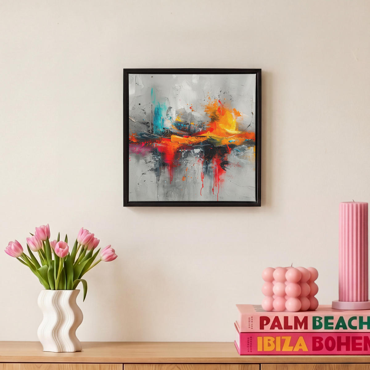 LEINWAND Bilder mit Rahmen - Moderne Kunst - Orange - Grau - Abstrakt - 20x20 - Hellgrau, Textil (20/20cm) - MuchoWow