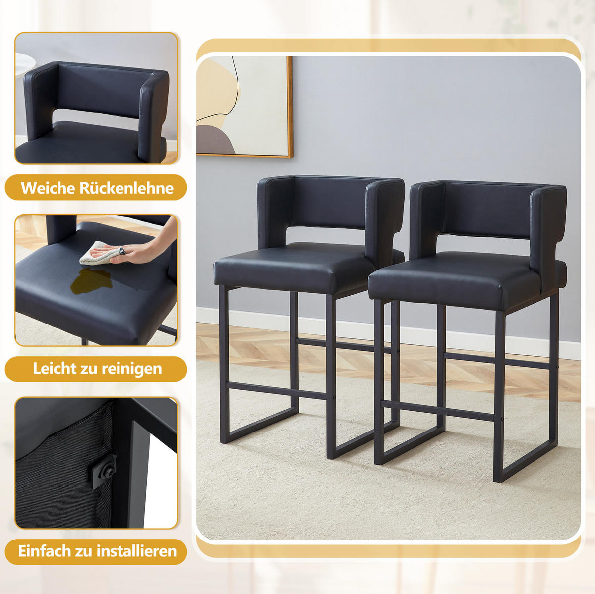 BARHOCKER Schwarz mit gepolstertem PU-Sitz - Schwarz, Metall (53.3/91.4/48cm) - MIVRAY
