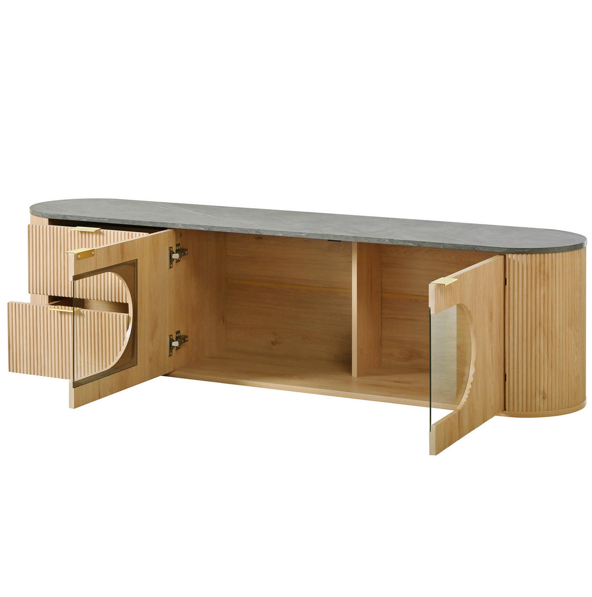 TV skříňka 172/38/45,5 cm přírodní MDF se skleněnou vitrinou - světle hnědá, kompozitní dřevo (172/45.5/38cm) - BEAOK