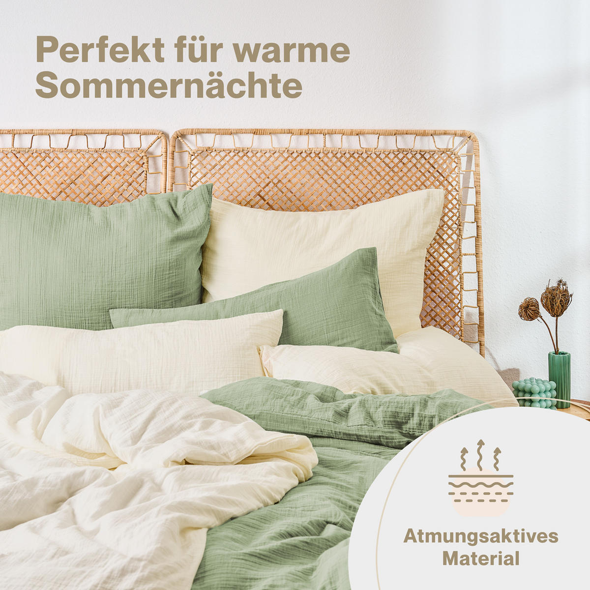 BETTWÄSCHE Musselin, 100% Baumwolle, 155/220 cm & 80/80 cm - Grün, Textil (155/220cm) - Blumtal