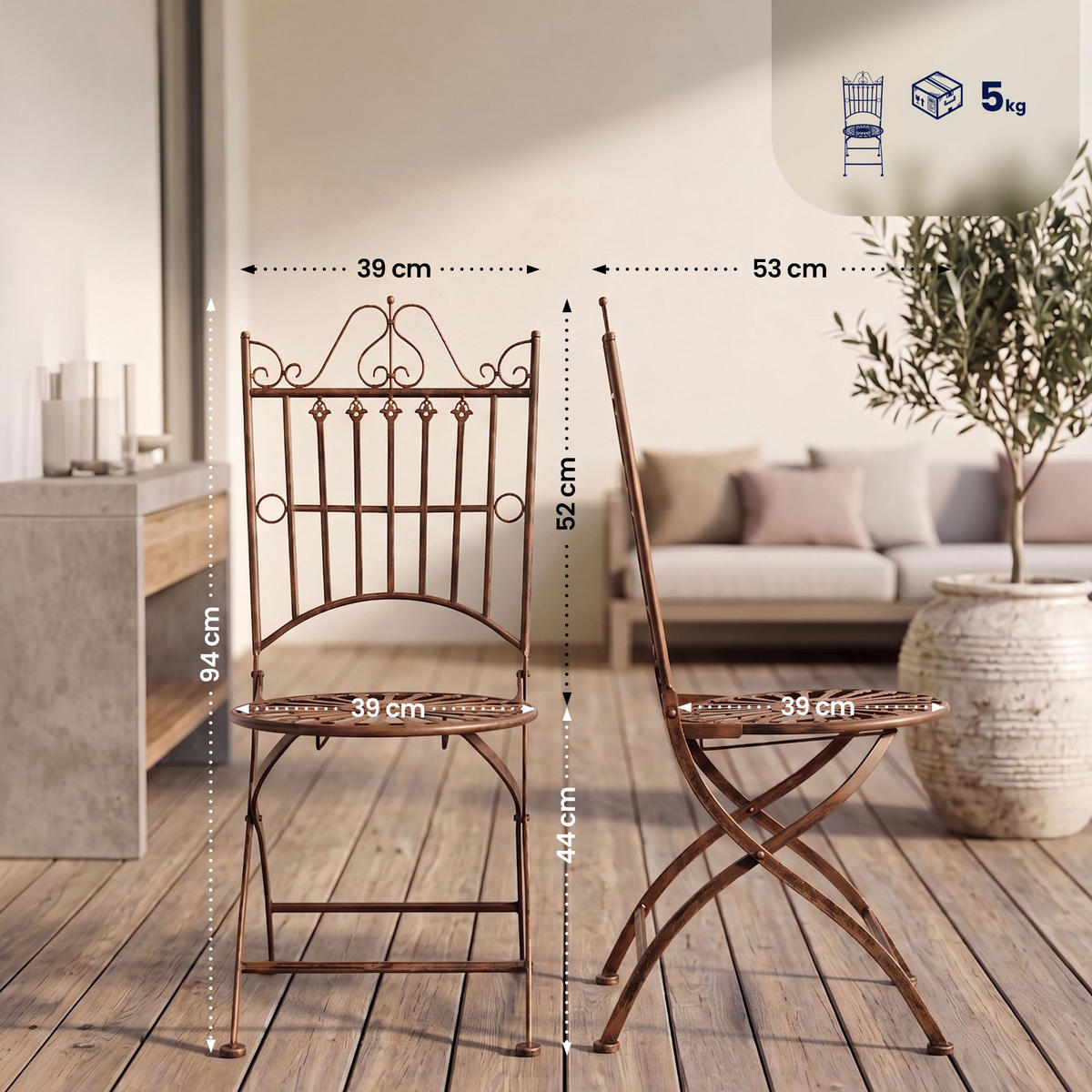 GARTENKLAPPSTUHL Metall Antik Braun - Braun, Metall (39/94/53cm) - CLP