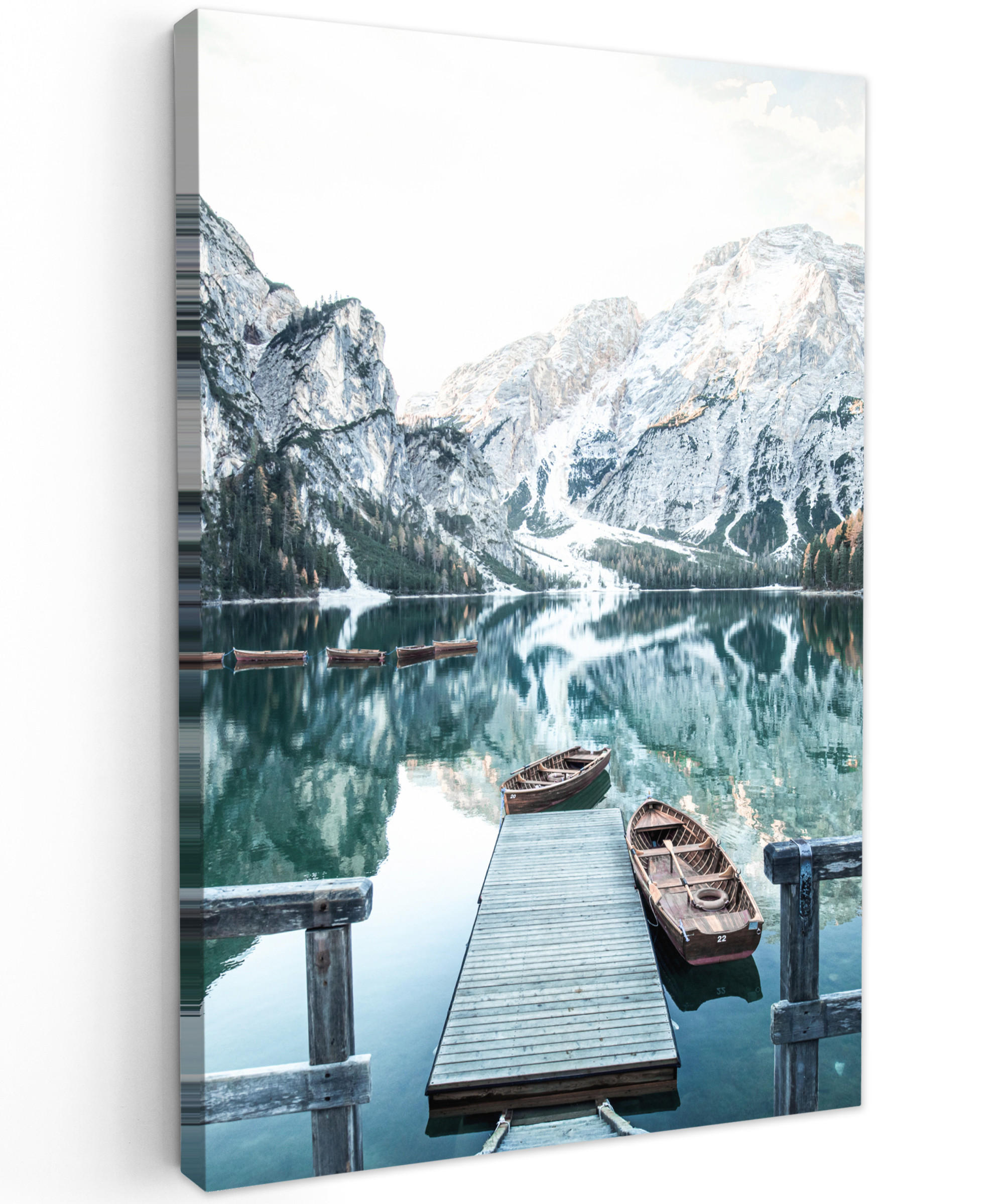 LEINWANDBILD Natur - Berge - Schnee - Wald - Boot 40x60 cm - Hellgrün, Textil (40/60cm) - MuchoWow