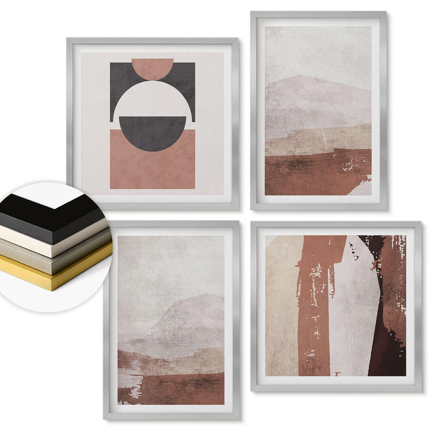 WANDBILDER 4er Set - 50x50 cm & 40x60 cm Silberner Rahmen - Abstrakte braune Muster - Silberfarben, Kunststoff (50/50cm) - ArtPrintCave