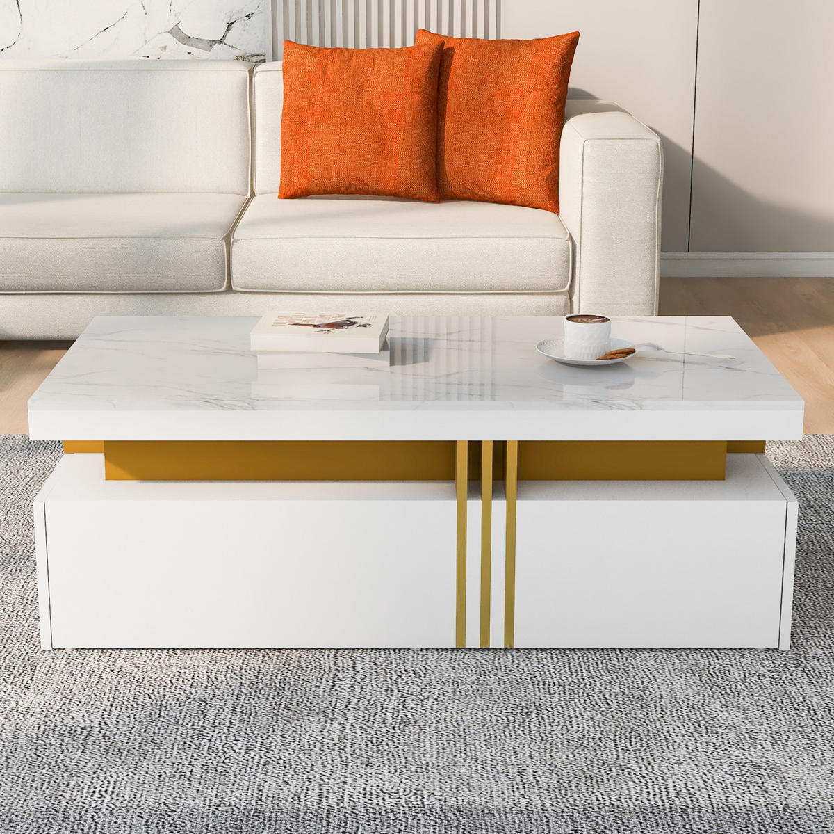 COUCHTISCH, marmorierte Hochglanz-Tischplatte, 2 Schubladen, weiße Spanplatte mit Metallkante, 100/50/40 cm,weiß - Weiß, Holzwerkstoff (100/50/40cm) - Redom