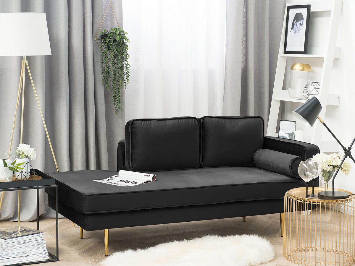 CHAISELONGUE Samtstoff schwarz rechtsseitig Miramas - Goldfarben/Schwarz, Textil (171/63/79cm) - Beliani