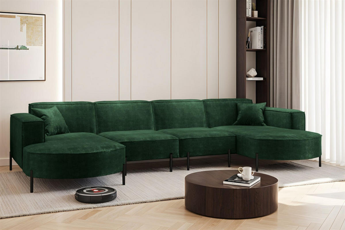 WOHNLANDSCHAFT Valencia Xl - Dunkelgrün, Holzwerkstoff/Textil (384/80/165cm) - Fun Möbel