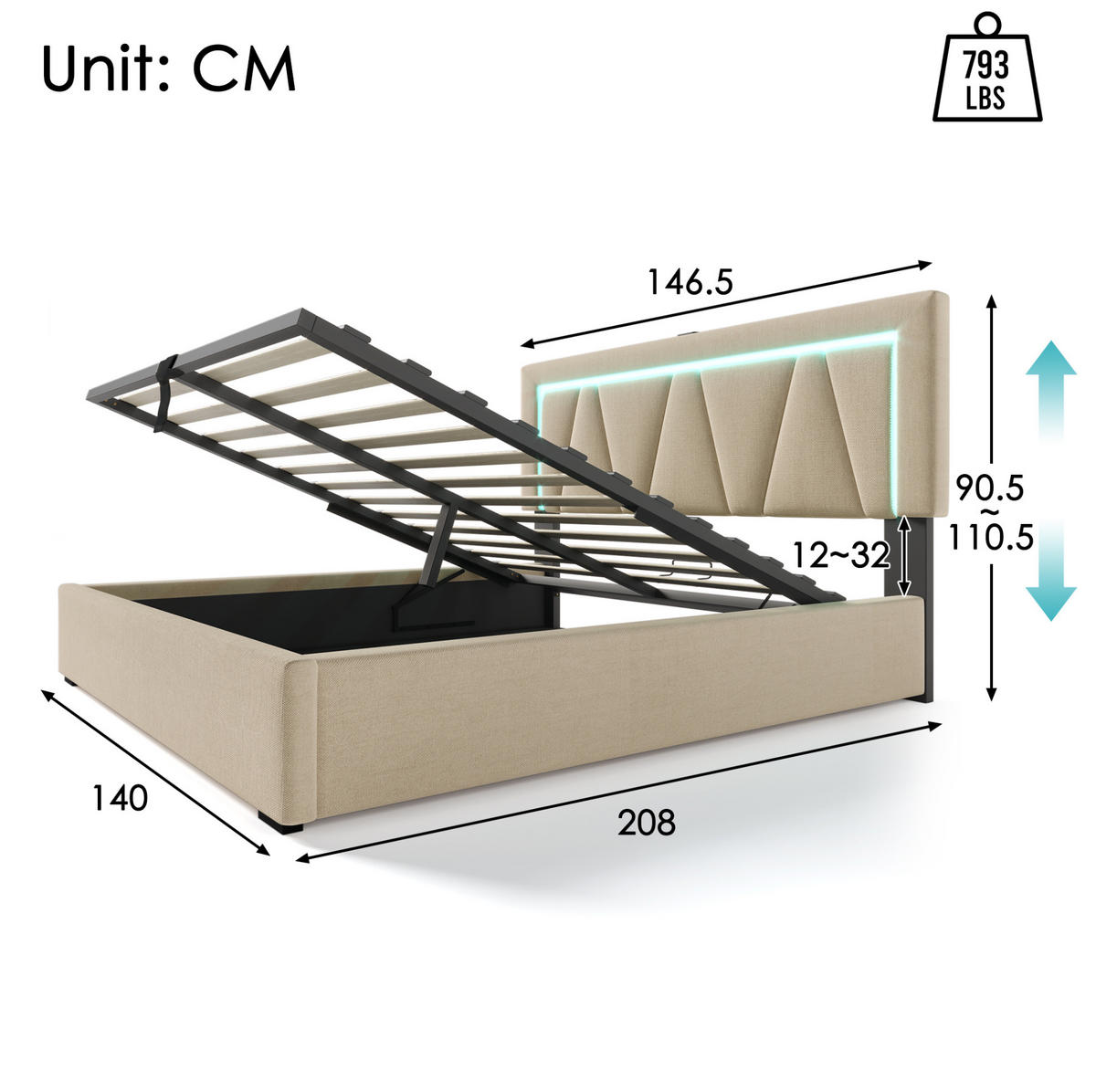 POLSTERBETT mit Stauraum, USB und LED 140x200 cm Beige inkl. Matratze - Beige, Metall (140/200cm) - Meubliv