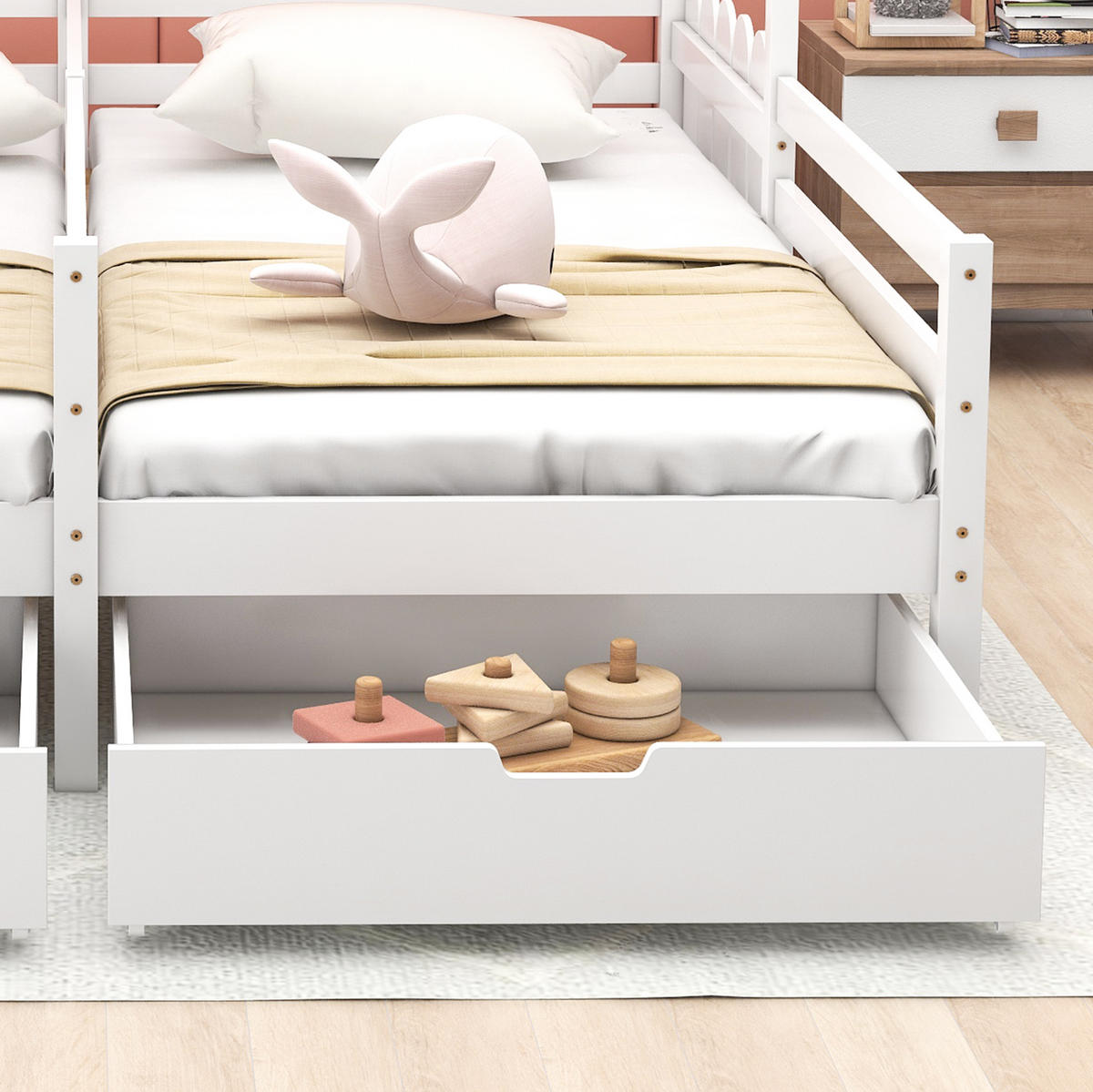 HAUSBETT aus Kiefer und MDF 200x90 cm Weiß mit 2 Schubladen, Schutzgitter und geteiltem Hausbett-Design - Weiß, Holzwerkstoff (90/200cm) - Modfu