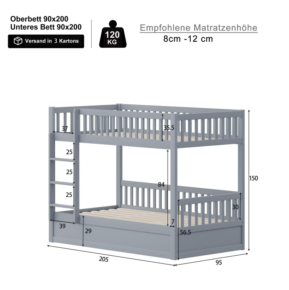 POSCHODOVÁ posteľ 90/200 cm sivá s hydraulickým úložným priestorom z masívneho dreva - sivá, kompozitné drevo (90/200cm) - OKWISH