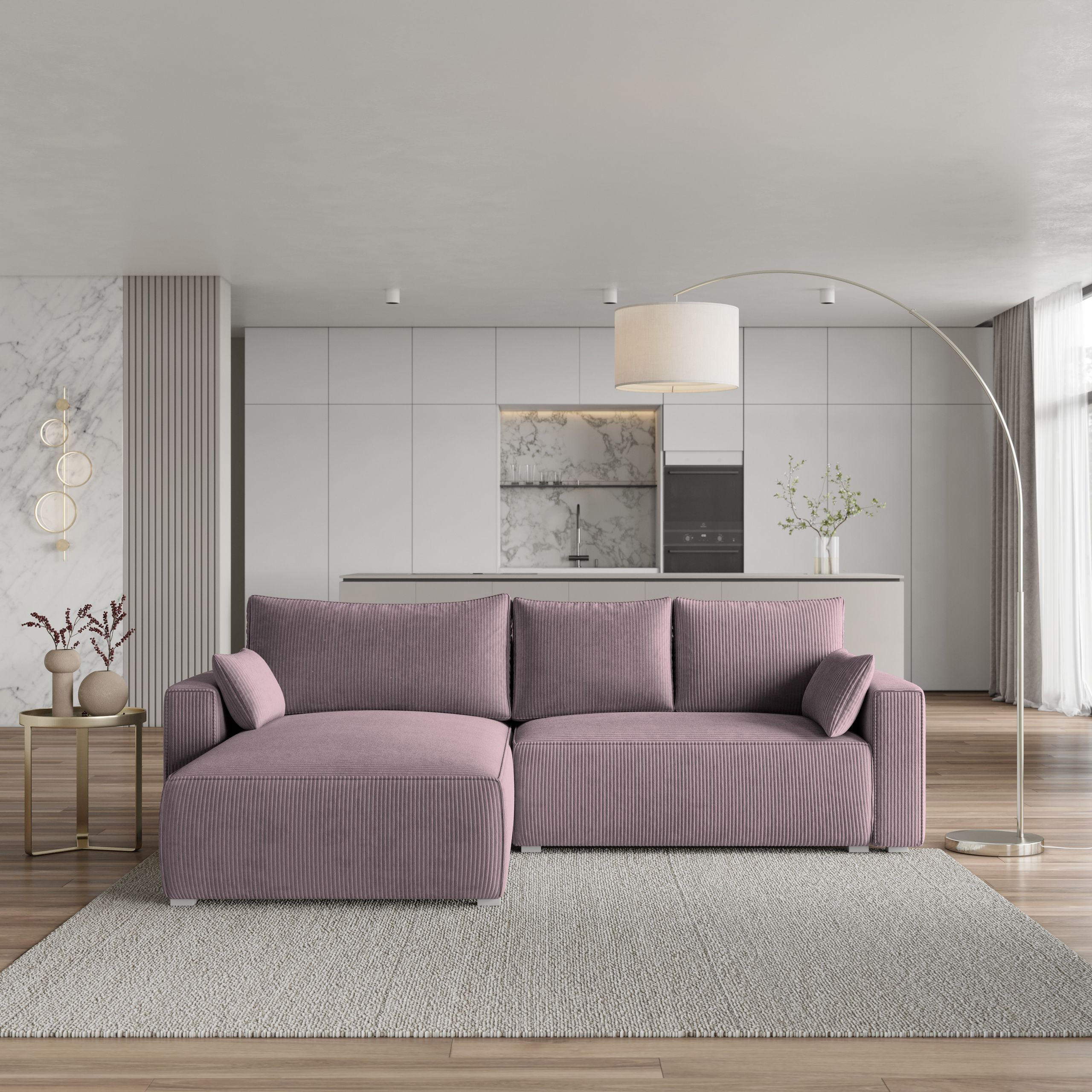 ECKSOFA FORIL P Lila Kordstoff mit Schlaffunktion - Lila, Holz (265/178cm) - MASSENO