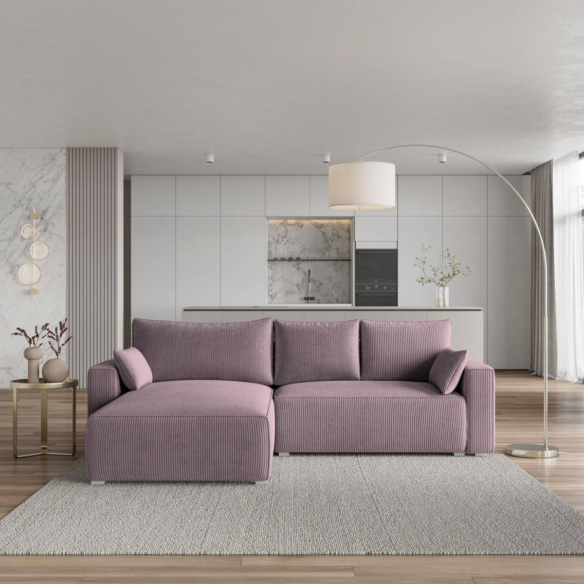 ECKSOFA FORIL P Lila Kordstoff mit Schlaffunktion - Lila, Holz (265/178cm) - MASSENO