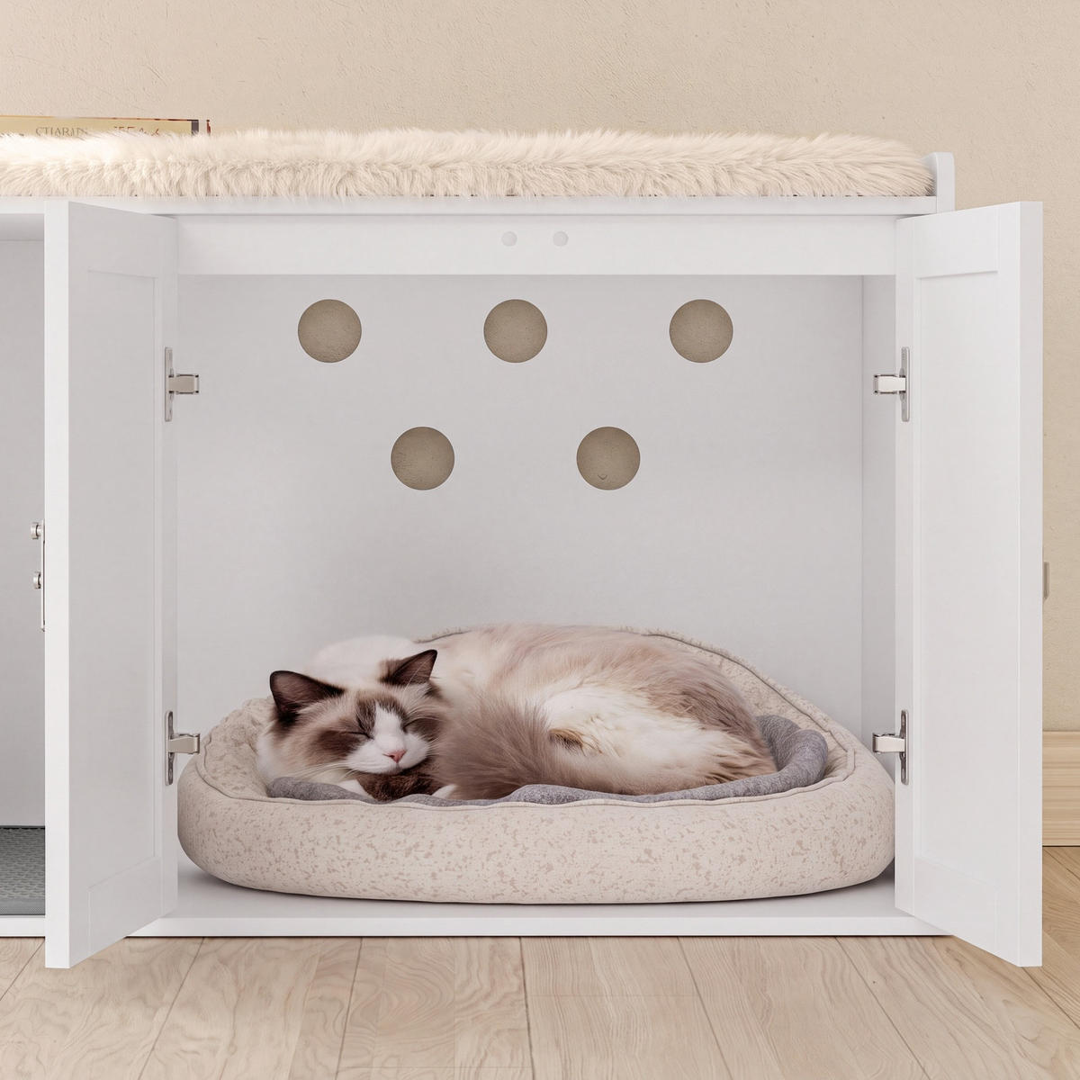 SITZBANK mit Aufbewahrung und Katzenklo-Verkleidung HAT07-E-W - Ahornfarben/Weiß, Holzwerkstoff/Fell (48/49.5/79.7cm) - SoBuy