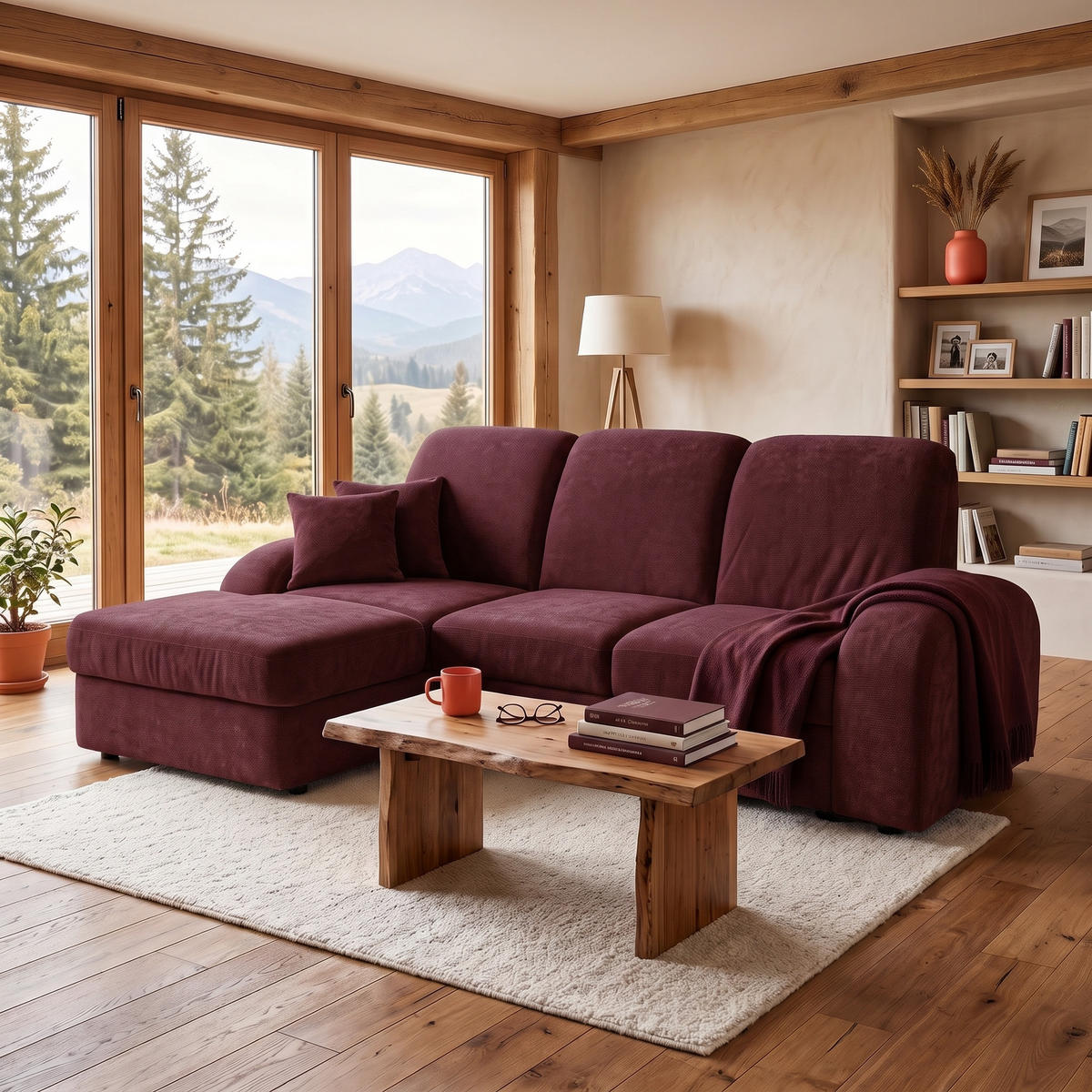 ECKSOFA VIBE S Links mit Schlaffunktion 130x202 Chenille Bordeaux - Bordeaux/Schwarz, Holz/Kunststoff (255/156cm) - Muffo