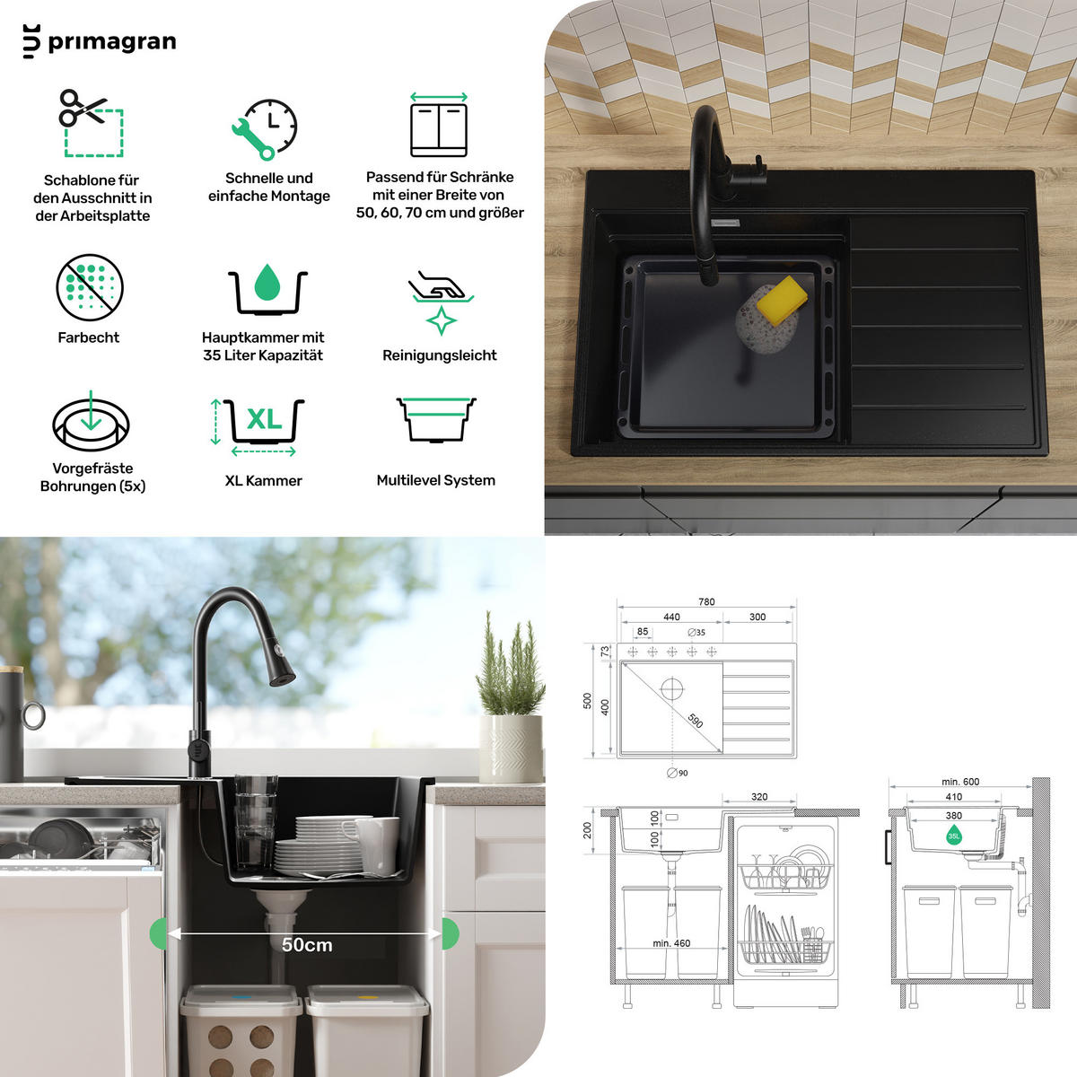 SPÜLBECKEN Sydney, 2-er set Weiß 78/50 cm 1 Becken + Ablauf-Set + Küchenzubehörset ab 50er Unterschrank - Chromfarben/Beige, Kunststoff (78/20/50cm) - Primagran