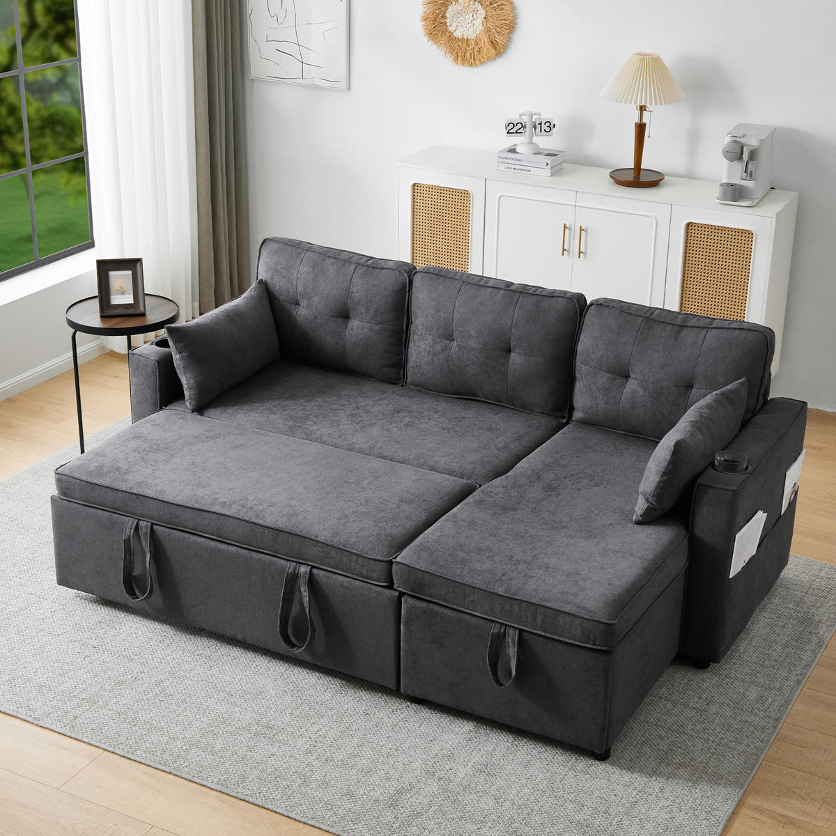 SCHLAFSOFA L-Form mit Stauraum und Getränkehalter - Grau, Textil (211/86/129.5cm)