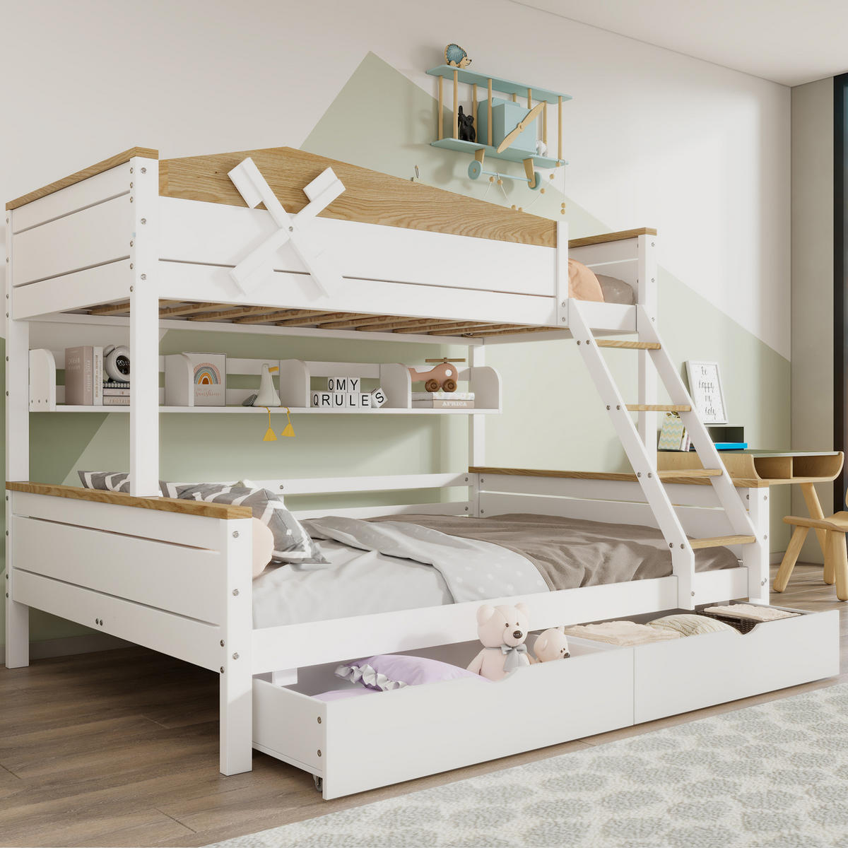 ETAGENBETT 90/200 & 140/200 cm aus Kiefer und MDF mit Windmühle, Regalen und Schubladen Weiß/Natur - Weiß, Holzwerkstoff (90/200cm) - Modenvie