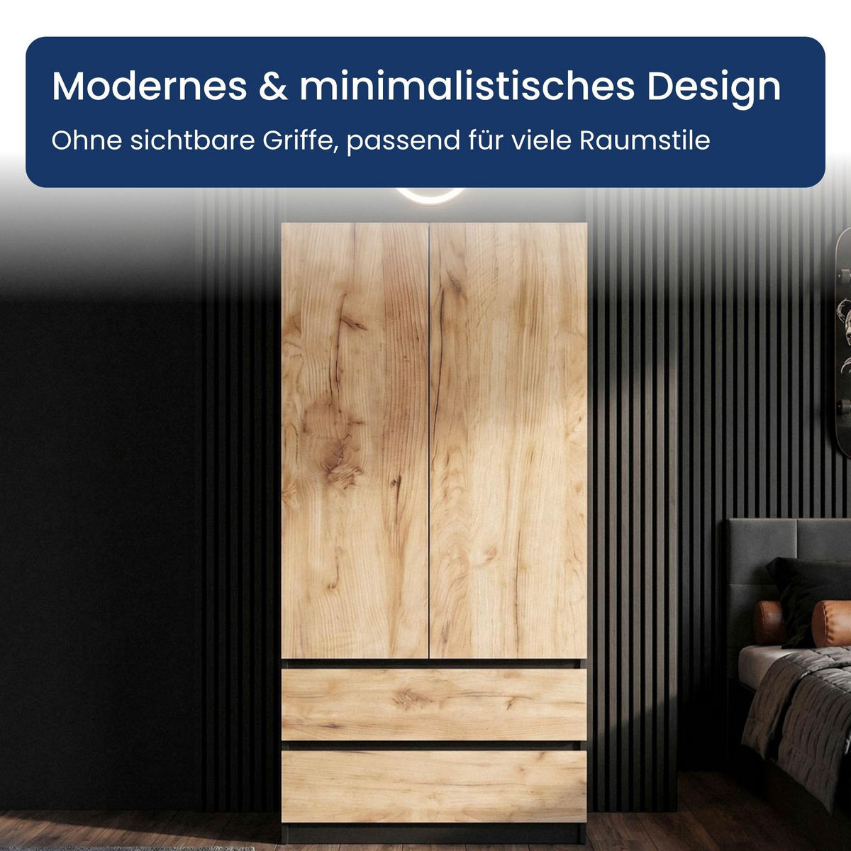 KLEIDERSCHRANK mit 2 Türen und Schubladen in Schwarze Craft-Eiche - Schwarz/Naturfarben, Holzwerkstoff (90/180/50cm) - Home Collective