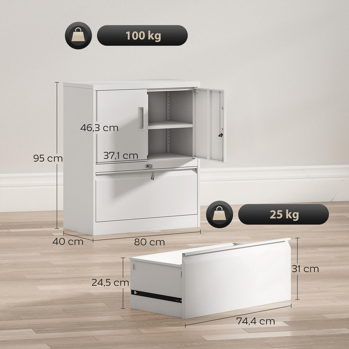 AKTENSCHRANK Büroschrank Abschließbar Mehrzweckschrank aus Stahl Lagerschrank - Weiß, Metall (40/95/80cm) - HOMCOM