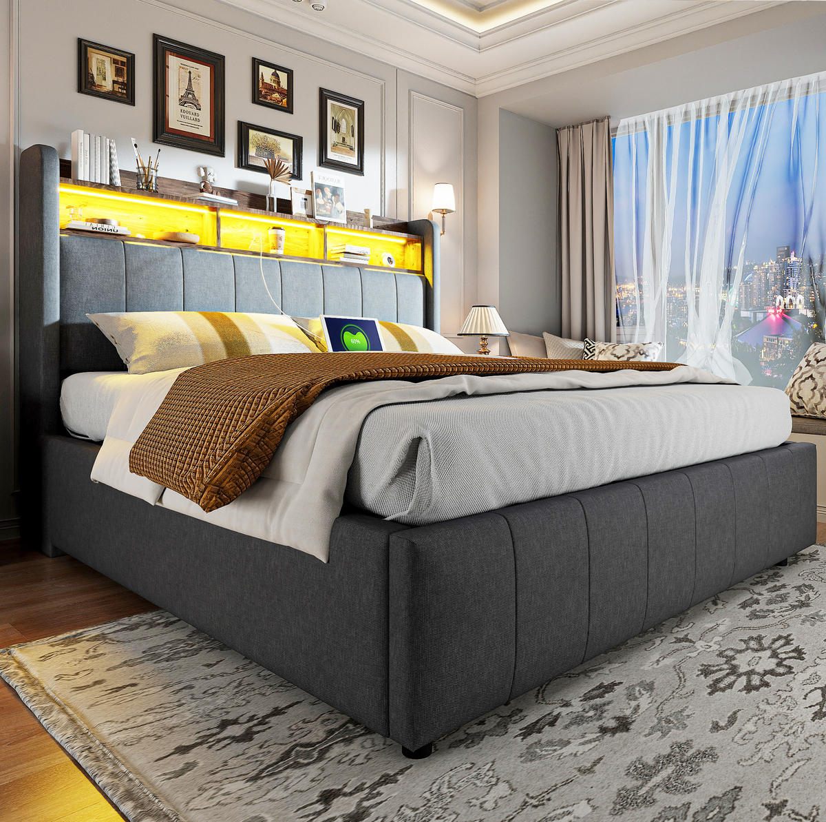 POLSTERBETT mit Stauraum, LED & USB 160x200 cm Grau - Grau, Metall (160/200cm) - Meubliv