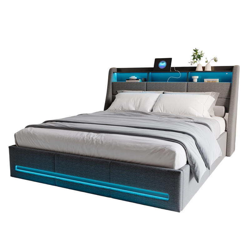 POLSTERBETT 140/200 cm grau mit Stauraum, LED und USB - Grau, Holz