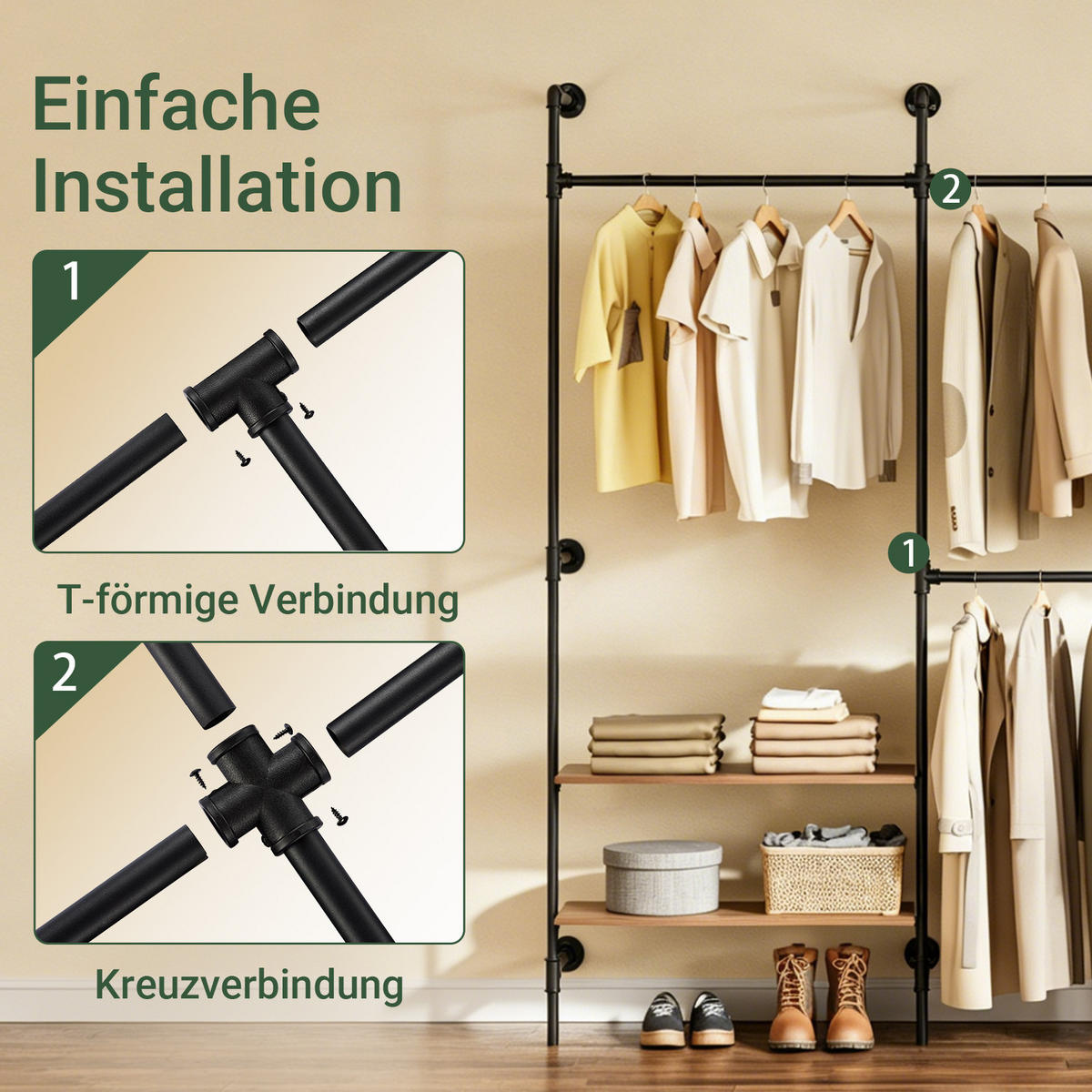 KLEIDERSTANGE mit 4 Regalböden, 120kg Tragkraft, 265x48x220cm - Schwarz, Metall (265/220/48cm) - SoBuy