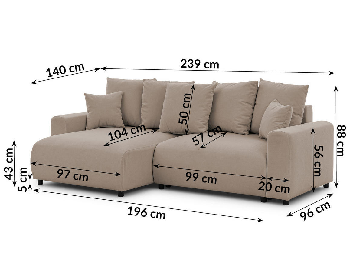 ECKSOFA Calma mit Schlaffunktion und Bettkasten im Bumpy-Design aus weichem Greige Webstoff - Ottomane links - Greige/Schwarz, Holz/Kunststoff (239/140cm) - S-Style