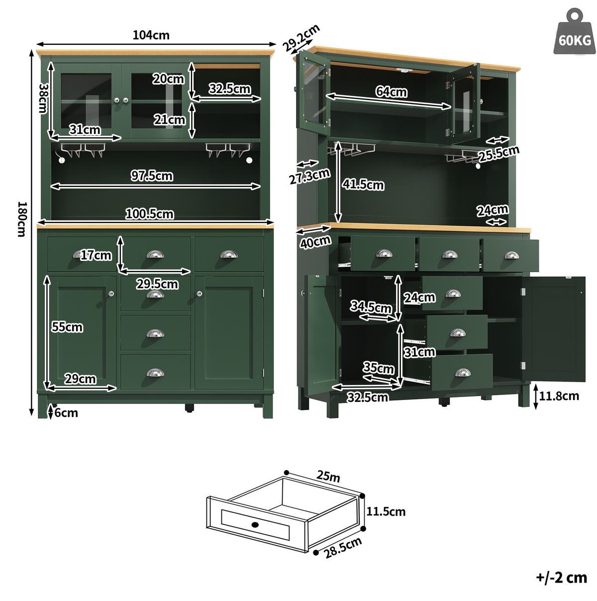 BUFFET 104/180/40 cm Grün aus MDF mit LED-Lichtleiste - Grün, Holzwerkstoff (40/180/104cm) - OKMYHOME