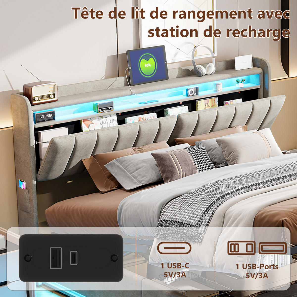 POLSTERBETT 160x200 cm LED USB Stauraum Lattenrost Samt grau - Grau, Holz (160/200cm) - LEBENLANG