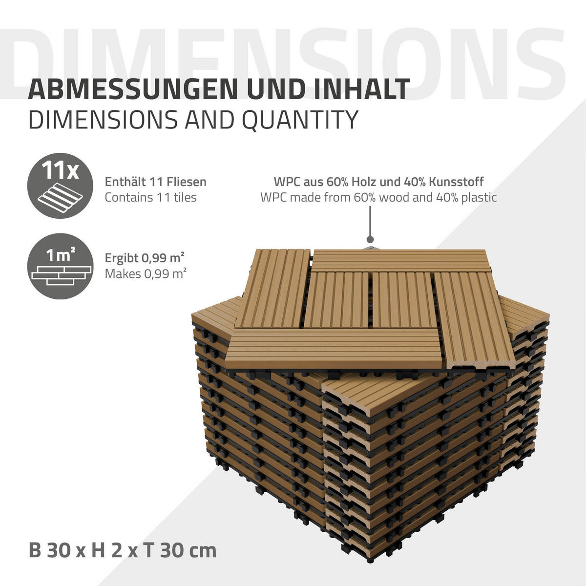 TERASOVÁ DLAŽBA Teak 22 kusů - teaková, kompozitní dřevo (30/30/2cm) - ECD-Germany