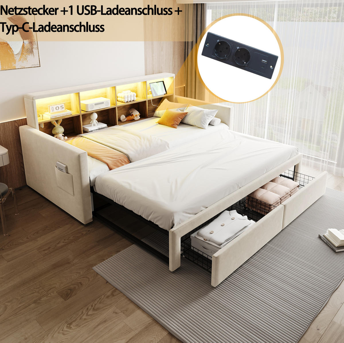 POLSTERBETT 90/190 cm Beige aus Samt mit Stauraum und LED-Beleuchtung - Beige, Textil (90/190cm) - OKWISH