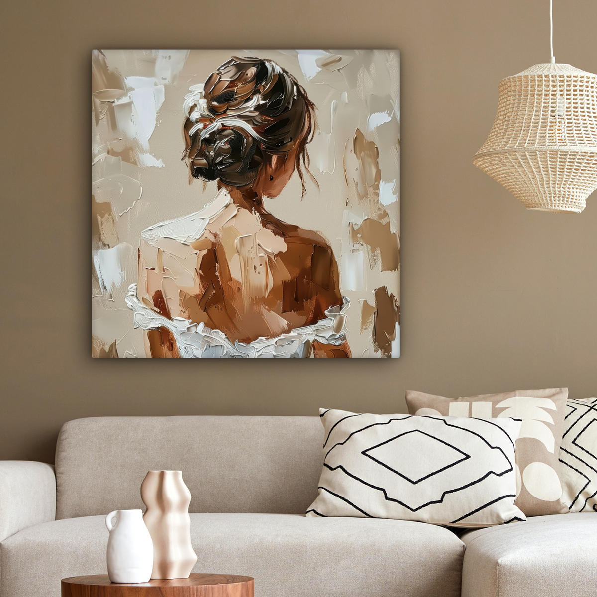 LEINWANDBILD - Frau - Farbe - Abstrakt - Beige - Modern - 90x90 - Gemälde - Sandfarben, Textil (90/90cm) - MuchoWow