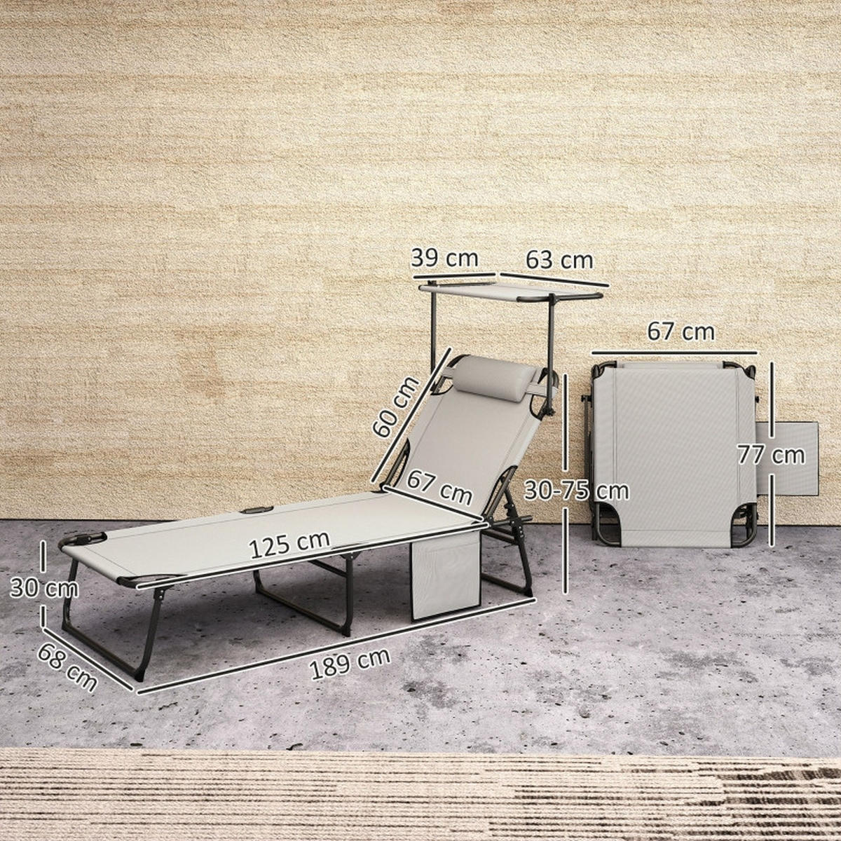 SONNENLIEGE Klappbar mit Dach Hellgrau - Grau, Metall (58/30/189cm) - ComfortXL