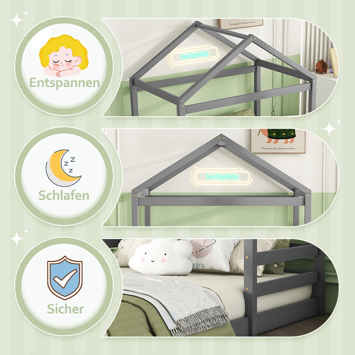 HAUSBETT 140x200cm Grau Kiefer Hausform Minimalistisch - Grau, Holz (140/200cm) - FLIEKS