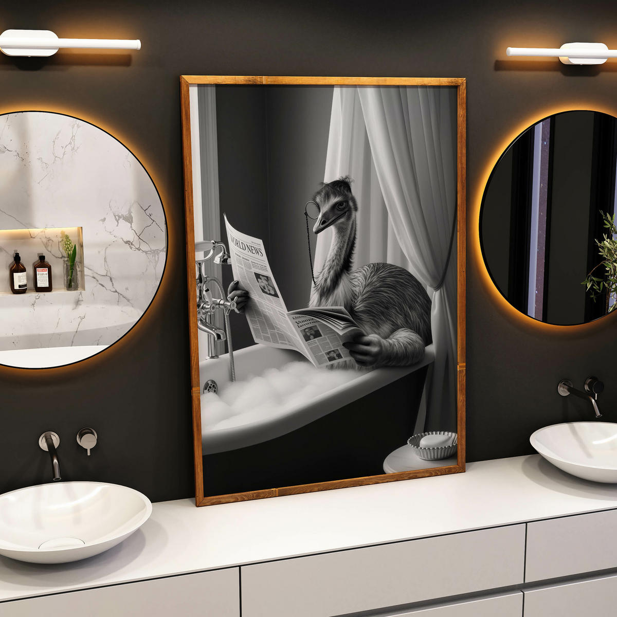 POSTER für Badezimmer WC Strauß in Badewanne Zeitung Abstraktion 20x30cm - Schwarz/Weiß, Papier (20/30/1cm) - Muralo