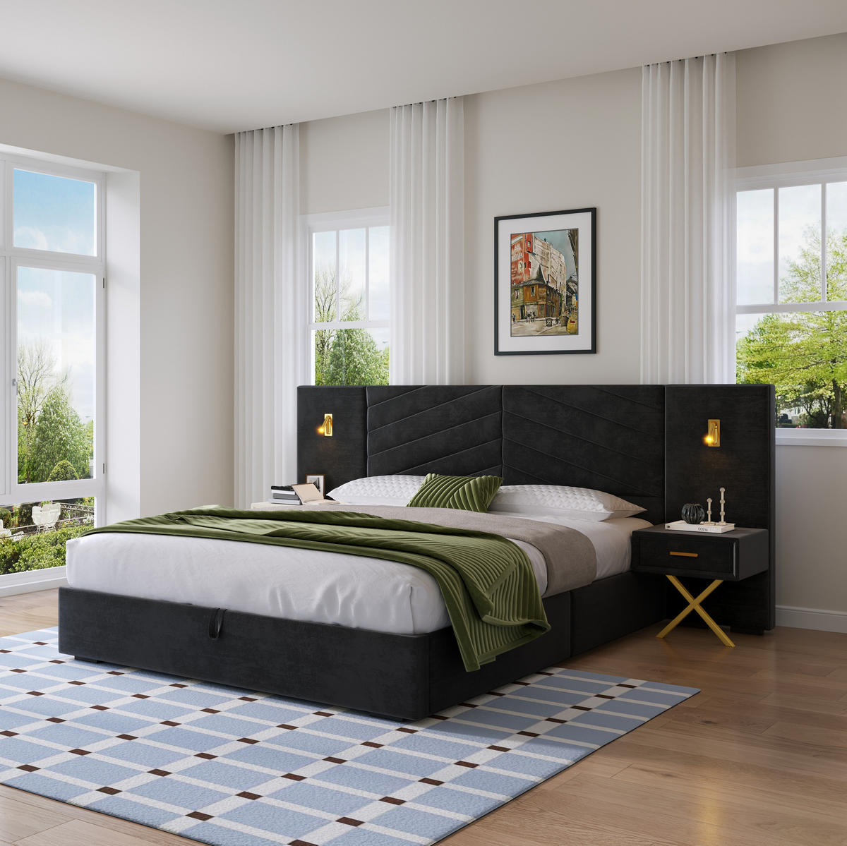 BETT mit Bettkasten 160x200 cm Samt Schwarz mit 2 Nachttischen - Schwarz, Holz (160/200cm) - Meubliv