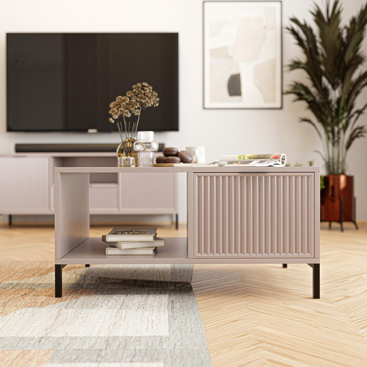 COUCHTISCH WAVE Modern mit Schublade, Beige - Kaschmir/Schwarz, Holzwerkstoff/Metall (58/90/45.5cm) - Idohome