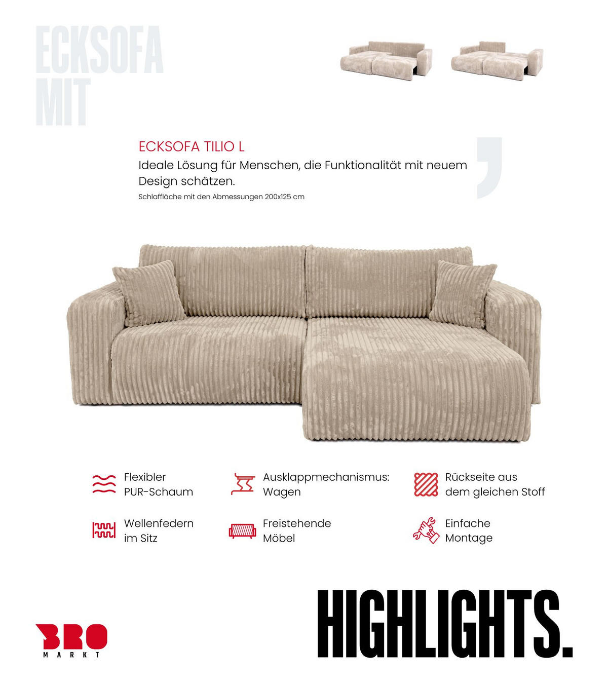 ECKSOFA mit Schlaffunktion TILIO Beige - Beige, Textil (244/148cm) - Bromarkt