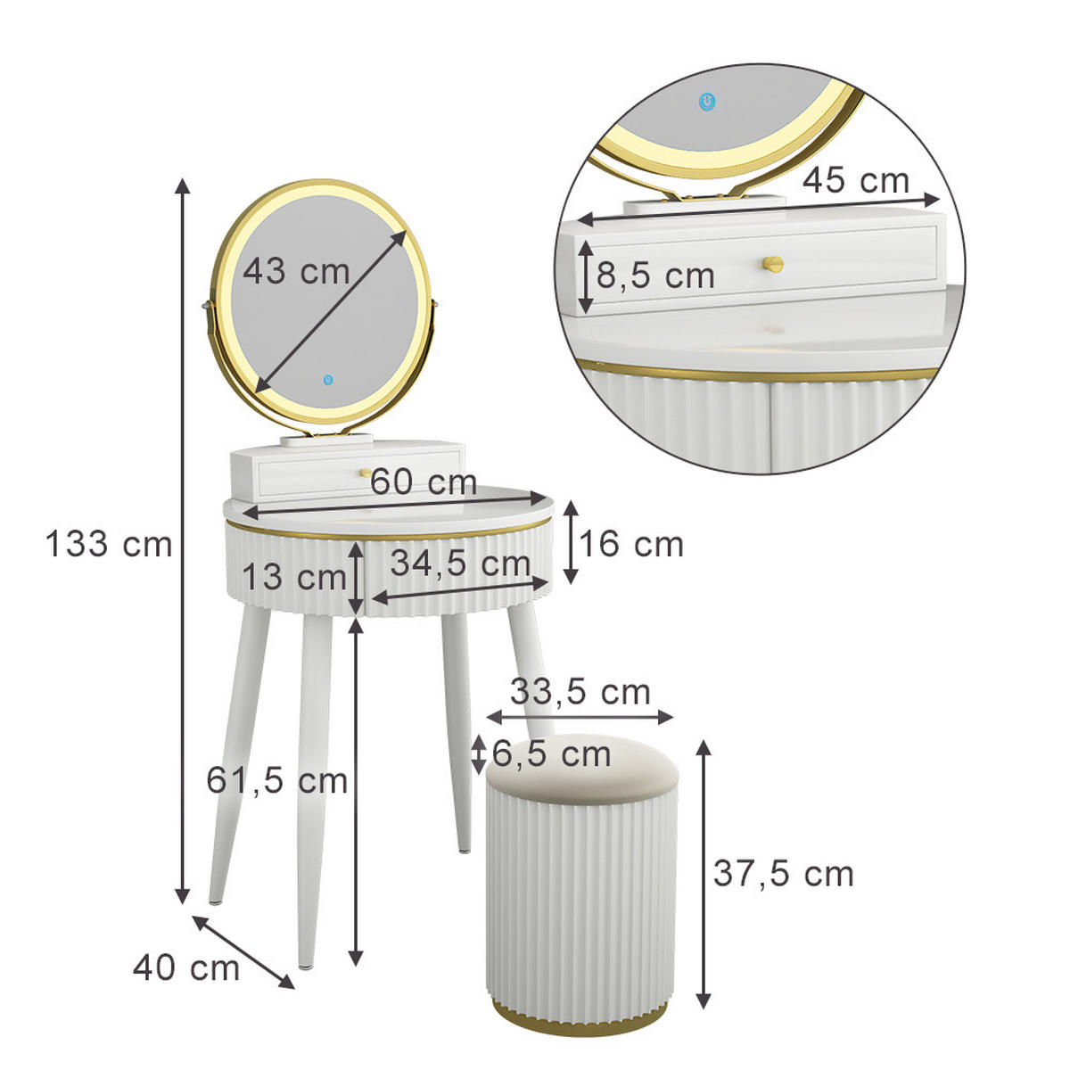 FRISIERTISCH Gesa Weiß 60 cm mit LED-Spiegel in 3 Weißtönen, Dimmbar - Weiß, Holzwerkstoff (60/133/40cm) - Vicco