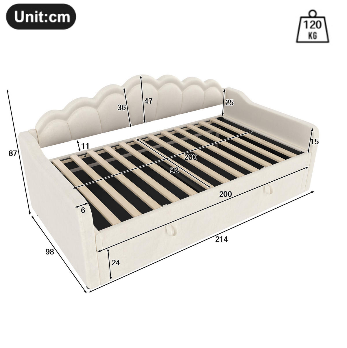TAGESBETT 90/200 cm aus Samt mit hydraulischem Stauraum und LED-Beleuchtung, Beige - Beige, Textil (90/200cm) - Redom