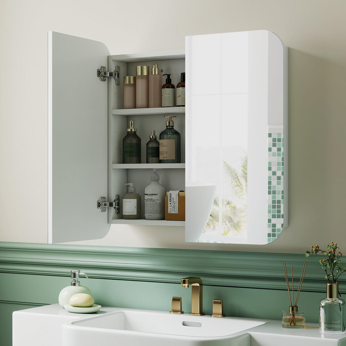 SPIEGELSCHRANK DE-15187 gewölbte Form mit verstellbarem Einlegeboden Weiß - Weiß, Holzwerkstoff (68/66/13cm) - ComfortXL